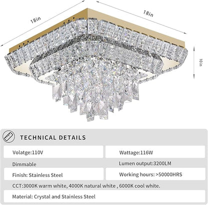 Elegant LED Gold Crystal Raindrop Ceiling Light,18 Inch Square Flush Mount Chandelier with Remote for Living Room Kitchen Island Bedroom Hallway Entryway Foyer (Dimmable)