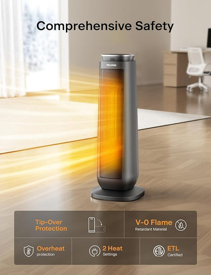 PELONIS PTH15A4BGB Ceramic Tower 1500W Indoor Space Heater with Oscillation, Remote Control, Programmable Thermostat & 8H Timer, ECO Mode, Tip-Over Switch & Overheating Protection, Gray