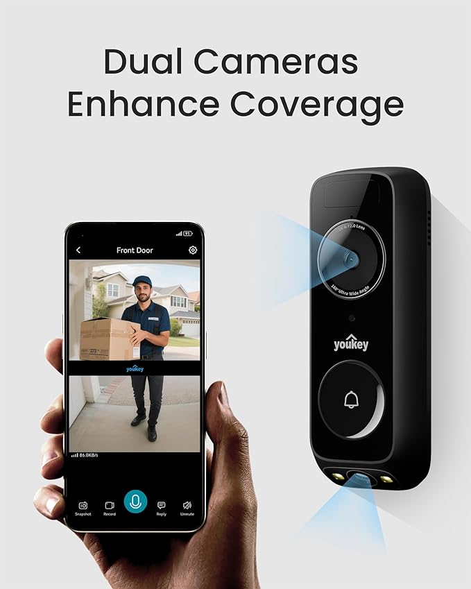 youkey Doorbell Camera Wireless with Chime, No Monthly Fee, 2K Battery Doorbell with Head-to-Toe Video, Package Detection, 2.4/5GHz WiFi-6, Built-in 8Gb Storage, Two-Way Talk, Color Night Vision,DB312