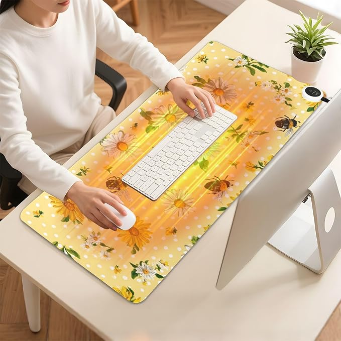 Heated Desk Pad Mouse Pad 31.5x13 Inch PU Leather Desk Mat with 3 Heat Levels Large Mouse Gaming Computer Laptop Mat Yellow Dot Bee and Daisy