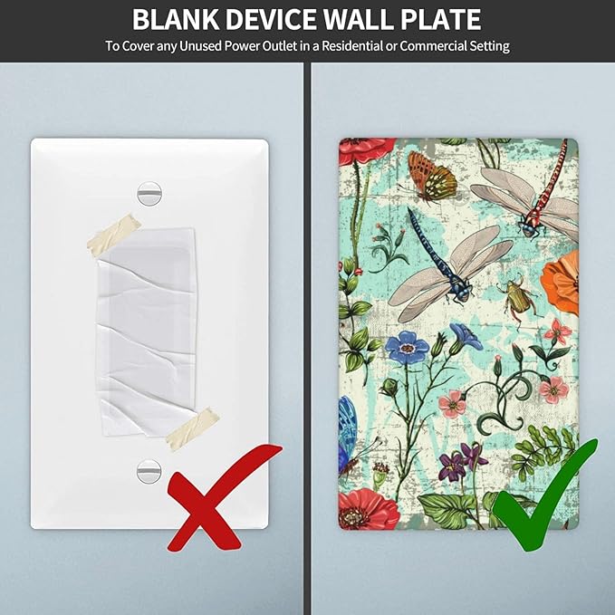 Dragonflies Flowers Butterfly 1 Gang Single Blank Outlet Light Switch Cover Decorative Single Blank Wall Plate Cover For Home Living Bedroom Kitchen Decorative