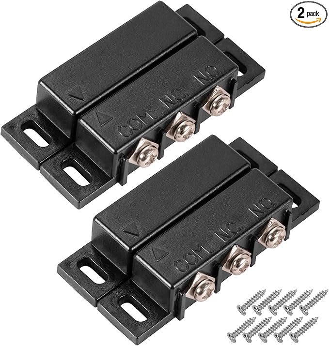 Magnetic Reed Switch Normally Open and Normally Closed NC NO Magnetic Contact Sensor Alarm Magnetic Door Switch,Proximity Switch for Door Alarm, Window Safety, Black,Pack of 2 with 40 Screws