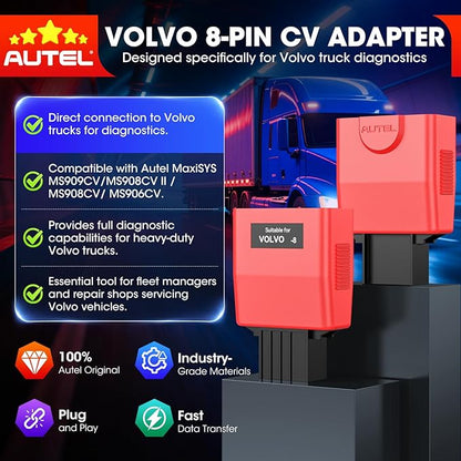 Autel Original MaxiSYS 8-Pin CV Adapter for Volvo, 8 Pins to OBD2 16 Pins for Volvo Off-Highway Cable Connector, Work w/Autel Heavy Duty Truck Scanner MS908CV MS908CV II MS909CV MS906CV MaxiFlash VCI