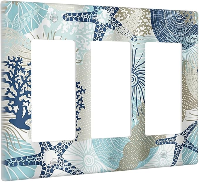 Decorative Outlet Covers Blue Starfish Brown Coral Ocean 3 Gang Light Switch Cover Plate Triple Rocker Wall Plates for Electrical Outlets Switch Plate Covers for Girlroom Home Decor