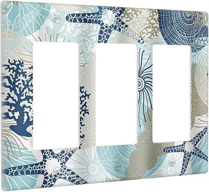 Decorative Outlet Covers Blue Starfish Brown Coral Ocean 3 Gang Light Switch Cover Plate Triple Rocker Wall Plates for Electrical Outlets Switch Plate Covers for Girlroom Home Decor
