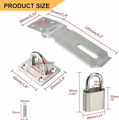 Alise Door Lock Hasp Latch with Padlock,4 Inch SUS 304 Stainless Steel Safety Packlock Clasp Hasp Lock Latch, with Fixing Screw for External Doors Window Cabinet Pet Cage, Brushed Finish,MST009-LS