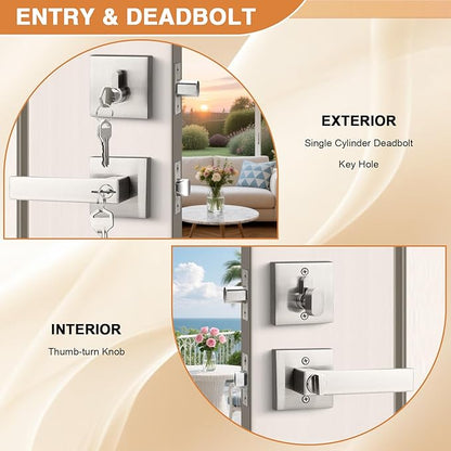 Probrico Satin Nickel Entry Levers Lock Sets and Single Cylinder Deadbolts Keyed Alike Combination Set, Heavy Duty Square Entry Door Locksets Front Door Bedroom Entrance Lock, 6 Pack(All Same Keys)