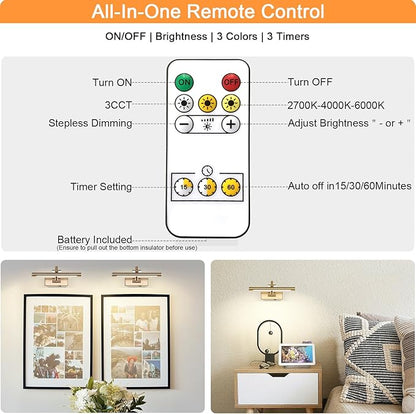 Rechargeable Picture Light with Remote Control,12 Inch Brass Finish Adjustable Wireless Art Lighting Fixture,Painting Lights with Timer,3 Color Temperature and Dimmable