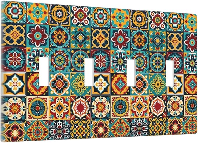 Light Switch Covers Mexican Talavera Colorful Mosaic Tiles Quad Toggle Electrical Faceplate 4 Gang Wall Plate Decorative Switch Plates For Bathroom Kitchen Decor