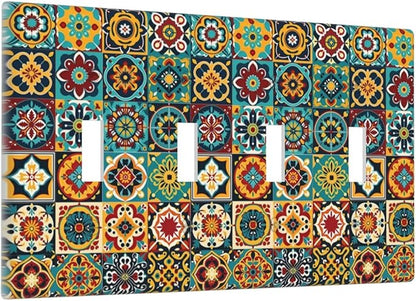 Light Switch Covers Mexican Talavera Colorful Mosaic Tiles Quad Toggle Electrical Faceplate 4 Gang Wall Plate Decorative Switch Plates For Bathroom Kitchen Decor