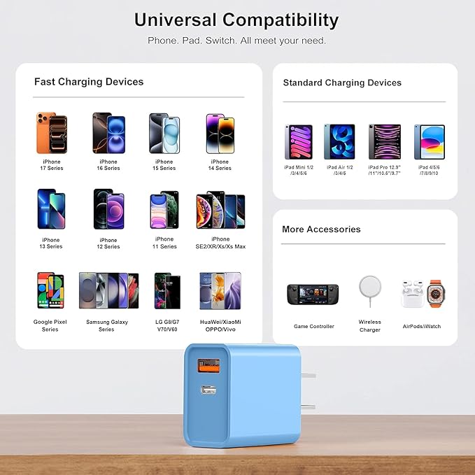 3 Pack Dual Port USB C Charger Block, 20W Power Delivery + QC3.0 USB A Double Port Fast Charging Brick for iPhone 14 15 16 17 Pro Max Plus SE X XS Cube, Quick Charge Plug Adapter (Blue)