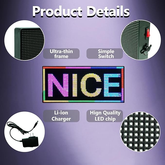 P3 Indoor Portable LED Digital Board 15“x7”, for Airport Pickups, Concerts, and Street Food WiFi Controlled Programmable Sign Custom Text, Simple Icons, Menu Board LED Scrolling Sign Handheld Business Message Board