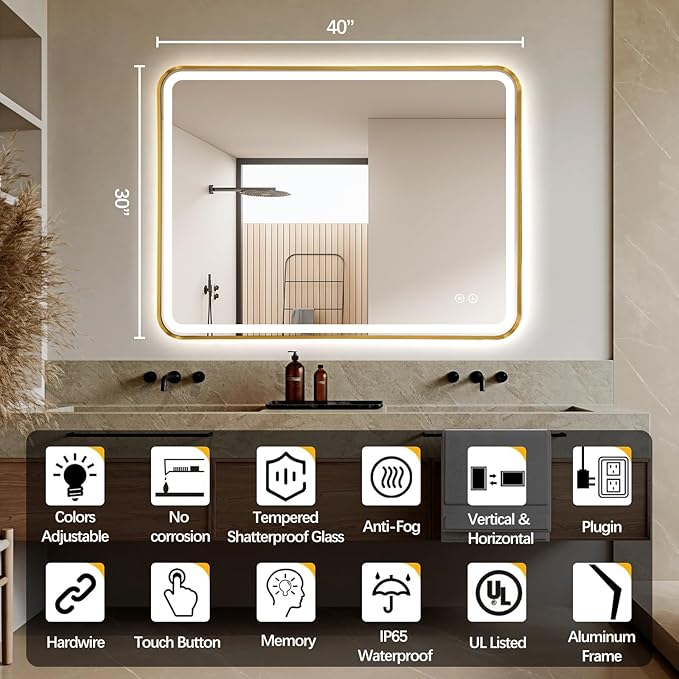 Rectangle LED Bathroom Mirror, 40"x30" Anti-Fog Double Touch Lighted Wall Vanity Mirror 45° Beveled Metal Frame Stepless Adjustable Color Temperature Smart Mirror 3000K-6000K, Gold