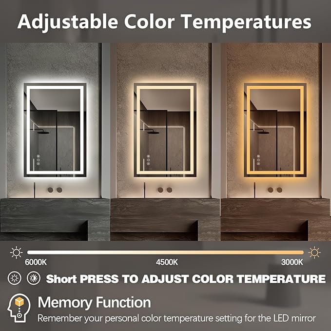 Niccy 36" x 24" LED Bathroom Mirror with Lights, Backlit and Front Lit, Lighted Vanity Mirror for Wall with 3 Colors, Anti-Fog, Shatter-Proof, Memory for Bedroom, Horizontal/Vertical