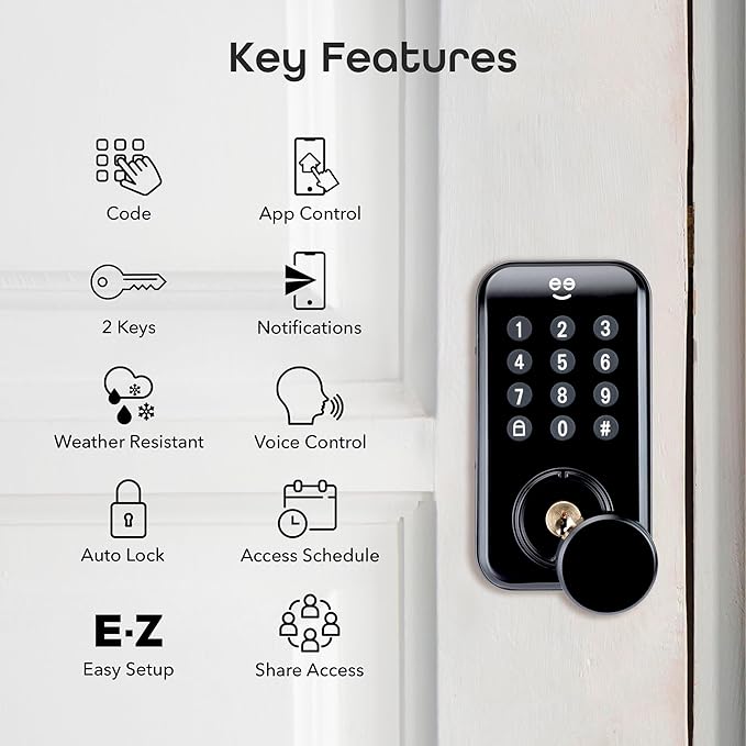 Geeni Keyless Entry Door Lock with Keypad, Smart Locks for Front Door, Electronic Keypad Smart Deadbolt Lock, Auto Lock, 2 Keys, Voice, and App Control - Battery Powered, Share Access, Alerts