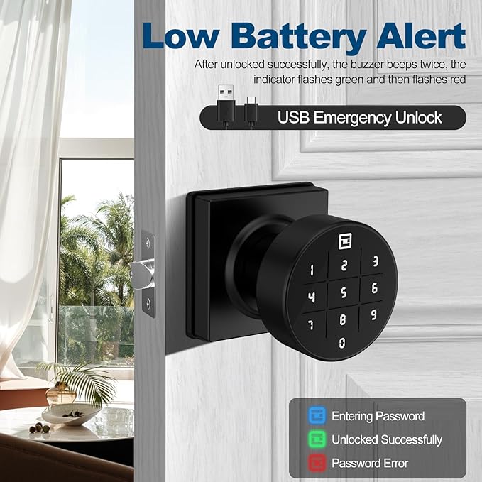 GeekTale Smart Keypad Door Lock, Electronic Digital Door Lock with Code, Smart Door Knob with Keypad, Black