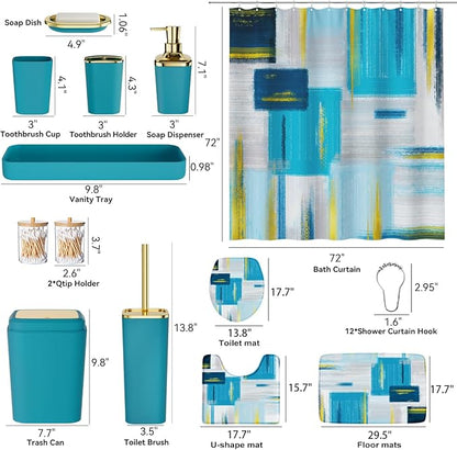 Bathroom Accessories Set - 25PC Bathroom Set with Shower Curtain and Rugs, Teal Blue Bathroom Set, Bathroom Accessory Set with Press-on Lid Trash Can, Soap Dispenser and Qtip Holders