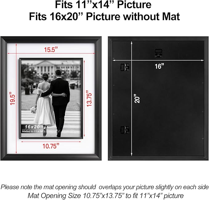 Yaetm 16x20 Black Picture Frame with Decorative Inner Frame & Tempered Glass, Display 11x14 Photos with Mat on Wall - Portrait or Landscape - Ideal for Office & Home Décor (Black, 2 Pack)