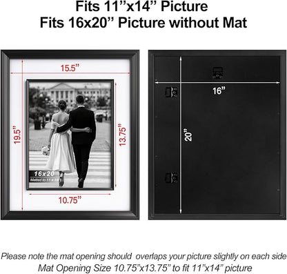 Yaetm 16x20 Black Picture Frame with Decorative Inner Frame & Tempered Glass, Display 11x14 Photos with Mat on Wall - Portrait or Landscape - Ideal for Office & Home Décor (Black, 2 Pack)
