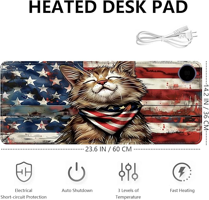 Heated Mouse Pad with 3 Levels Heated & 3 Hours Auto Shut-Off Mouse Pad for Warming Hands in Office Home, 23.6" x 14.2"Large Safe Desk Mat Hand Warmer，Flag Cute Cat