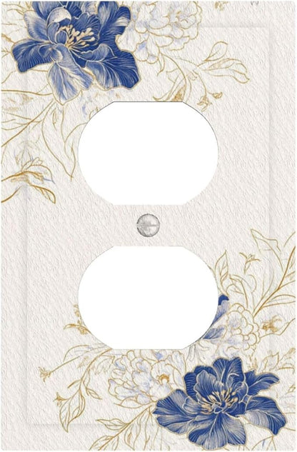 Decorative Outlet Covers Rustic Blue Flower Floral Gold Leaf 1 Gang Duplex Light Switch Cover Plate Unique Wall Plates for Electrical Outlets Switch Plate Covers for Bedroom Home Decor