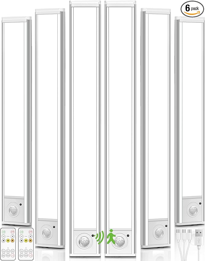 6Pack 16inch Under Cabinet Lighting, Rechargeable Motion Sensor Light Wireless Indoor, Dimmable 3 Color Temps Closet Lights with Remote, Under Counter LED Lights for Kitchen, Stairs