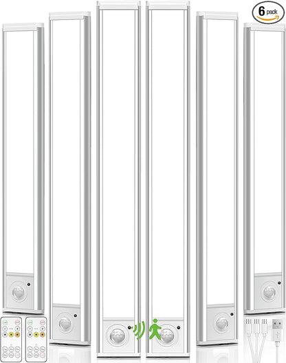 6Pack 16inch Under Cabinet Lighting, Rechargeable Motion Sensor Light Wireless Indoor, Dimmable 3 Color Temps Closet Lights with Remote, Under Counter LED Lights for Kitchen, Stairs