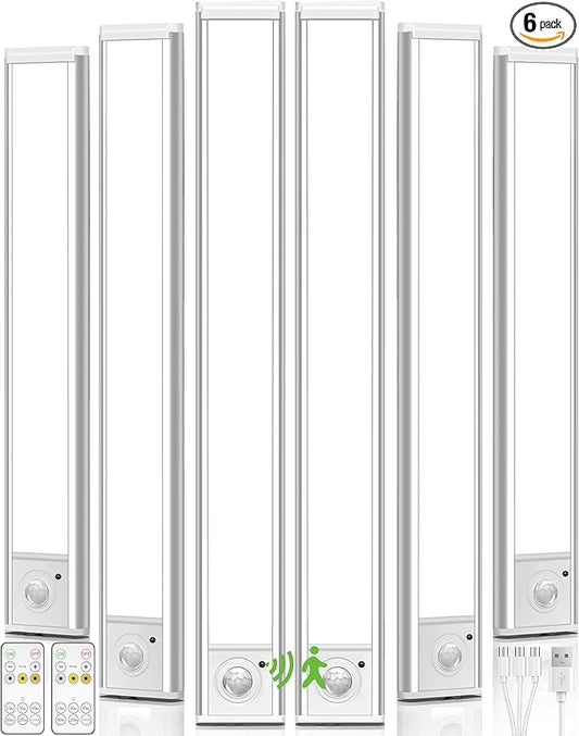 6Pack 16inch Under Cabinet Lighting, Rechargeable Motion Sensor Light Wireless Indoor, Dimmable 3 Color Temps Closet Lights with Remote, Under Counter LED Lights for Kitchen, Stairs