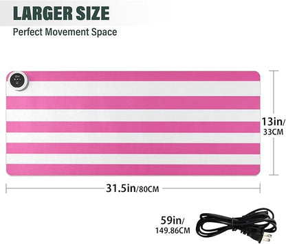 Heated Desk Pad Mouse Pad 31.5x13 Inch PU Leather Desk Mat with 3 Heat Levels Large Mouse Gaming Computer Laptop Mat Hot Pink White Stripes