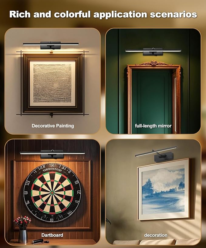 Battery Operated Picture Light with Wireless Remote 3CCT Dimmable Black Wall Art Lights for Paintings Rechargeable Home Decor Gallery Light 24’‘ Artwork Lighting for Canvas Timer Function