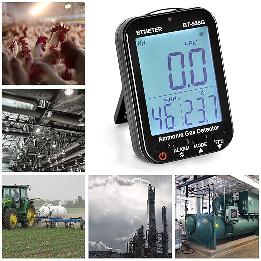 BTMETER Ammonia Gas Detector 535G, Air Quality Meter Monitor Indoor NH3 Gas 0~100 PPM, Relative Humidity and Temperature, Rechargeable Ammonia Gauge with Alarm, Backlit LCD Display