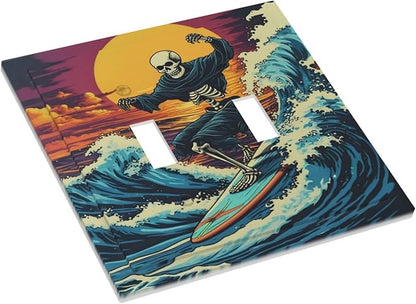 Skeleton Riding Surfboard on Wave In The Ocean Light Switch Covers Double Toggle 2 Gang Wall Plate Dual Decorative Switchplate Electrical Faceplate for Farmhouse Living Room Decor