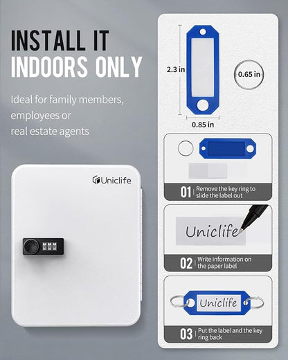 Uniclife 28-Key Steel Key Cabinet with Combination Lock Wall Mounted Key Organizer with Resettable Code White Digital Security Box with Hooks and Large Key Tag Labels Identifiers in 5 Assorted Colors