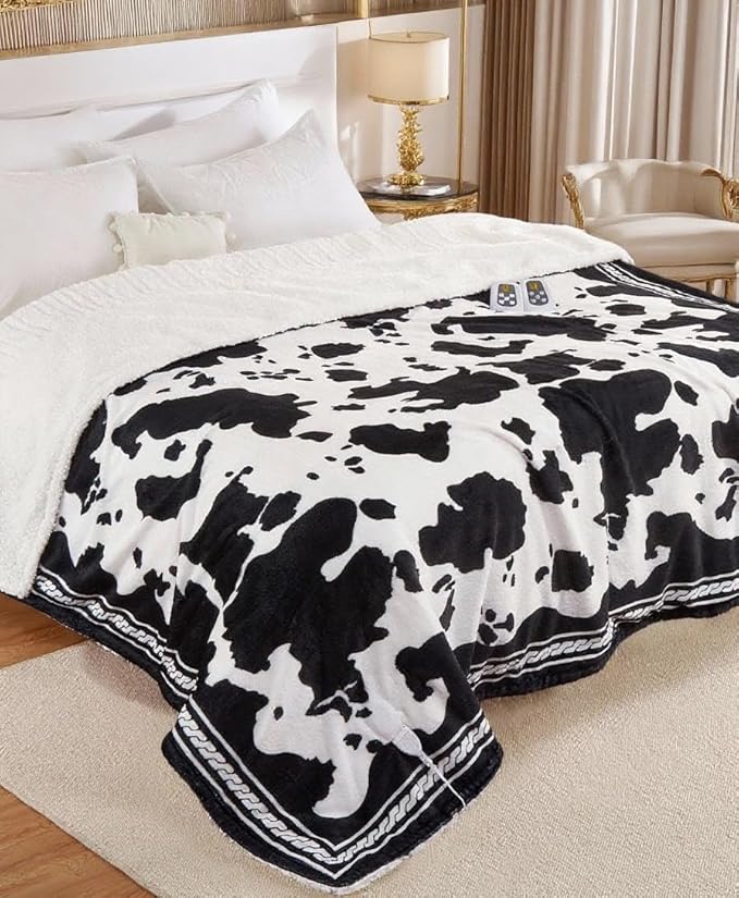 CAROMIO Heated Electric Blanket King Size with LCD Dual Controller, Cow Print Heating Blankets, 10 Heat Levels & 1-12H Time Settings, ETL Certified, Machine Washable, Black White, 100" x 90"