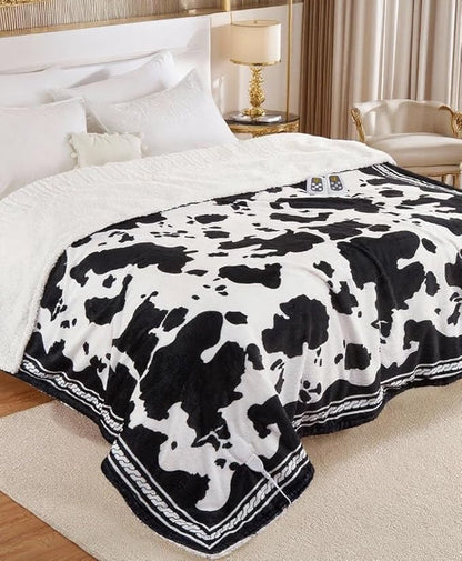 CAROMIO Heated Electric Blanket Queen Size with LCD Dual Controller, Cow Print Heating Blankets, 10 Heat Levels & 1-12H Time Settings, ETL Certified, Machine Washable, Black White, 84" x 90"