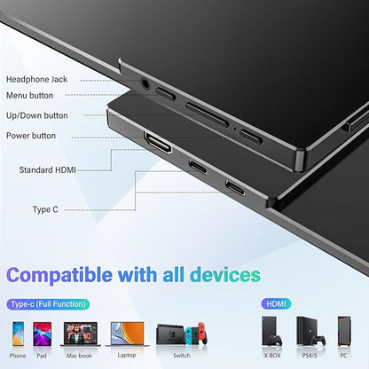 InnoView 15.6'' Portable Monitor for Laptop FHD 1080P USB-C Travel Monitors Built-in 90° Adjustable Stand Without Bag, HDR IPS Portable Laptop Monitor for MacBook PC Phone Xbox PS4/5 Switch