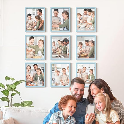 Renditions Gallery Set of 9, 11X14 Custom Photo Prints with Real Wood Picture Frames. Create Personalized Photos with Peel & Stick Photo Frames. Blue Frame