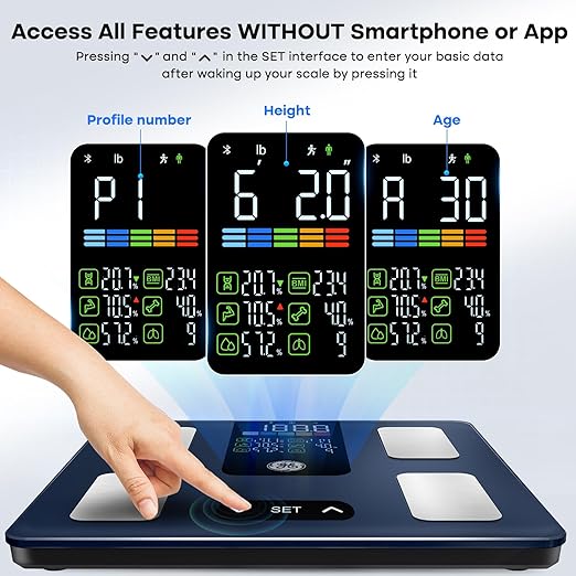 GE Smart Scale for Body Weight, BMI, Body Fat, Muscle Mass, Digital Bathroom Scales 500lbs for Bluetooth Weight Monitor 11.8" Large Platform Weighing Machine Health Analyzer Dark Blue-Button Function