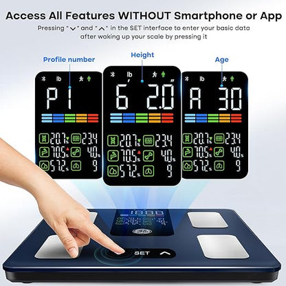 GE Smart Scale for Body Weight, BMI, Body Fat, Muscle Mass, Digital Bathroom Scales 500lbs for Bluetooth Weight Monitor 11.8" Large Platform Weighing Machine Health Analyzer Dark Blue-Button Function