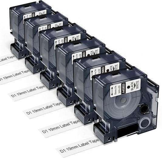 Freshworld Compatible with Dymo D1 Label Tape 19mm 45803 45803s S0720830 Label Maker Refills d1, Black on White, 3/4 in x 23 Ft(7m), for LabelManager 360D 420P 450D 500TS 450 Duo Printer, 6 Pack
