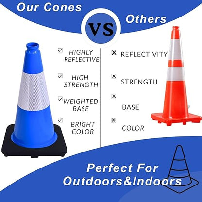 BESEA 8Pack 18 Inch Blue Traffic Cones with 6 Inch Reflective Collar, Heavy Duty PVC Safety Cones with 10.5 x 10.5 Inch Base for Parking, Driving Practice, Sports Training, and Construction