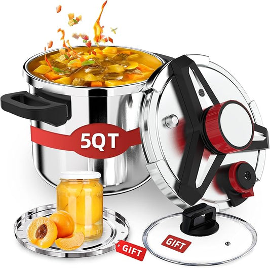 3-In-1 304 Stainless Steel Pressure Cooker 5.2 QT: [Explosion-Proof] [3 PSI Settings], One-Hand Locking, Induction Compatible, Glass Lid & Steamer Rack Included, Olla de Presion