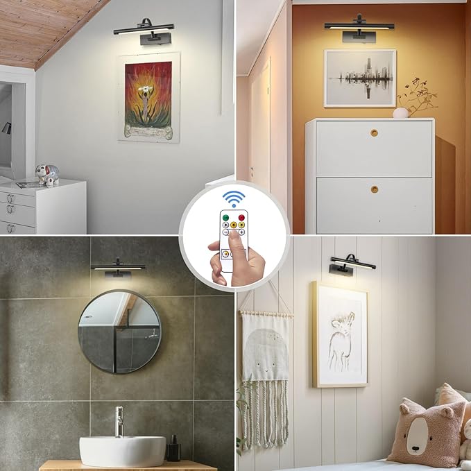 Battery Powered Picture Light with Remote and Timer,Full Metal Art Light with Swing Arm,12 Inch Dimmable,3CCT in One, Rechargeable Wall Lights for Display, Artwork, Canvas,Hallway