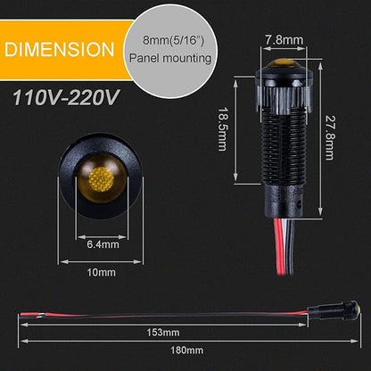 5pcs 8mm LED Indicator Light Plastic Black Signal Dot Lamp 110-220VAC 5/16" Mounting Hole Size with 15cm/5.9in. Wire (Yellow LED)