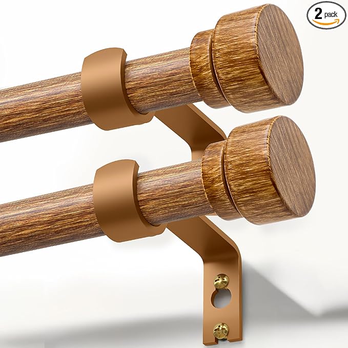 2 Pack Wood Curtain Rods for Windows 48 to 84 Inches 1" Diameter Boho Decorative Heavy Duty Window Curtain Rod Set Adjustable with Solid Imitation Wood Grain Finials for Living Room Bedroom Kitchen