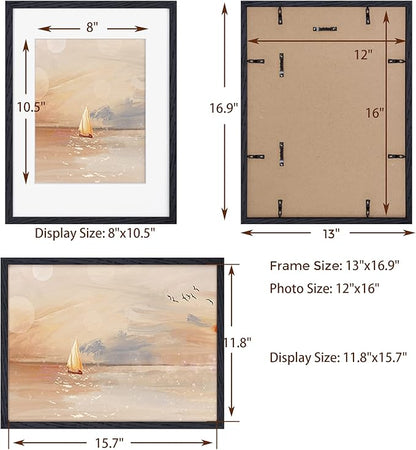 Black Picture Frame 12x16, Oak Wood 12"x16" Photo Frame for Wall, 12x16 Frame with Mat for 8.5x11, 12 x 16 Poster Frames - Tempered Glass (Black, 1 Pack)