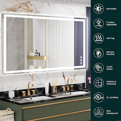 LED Mirror for Bathroom 36"x 72" with Frontlit and Backlit, Anti-Fog Mirror with Lights, Stepless 3 Colors Temperature & Dimmable Bathroom Mirror