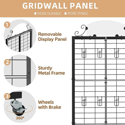 Urban Deco Grid Wall Panel Display Stand, 2.2' x 6.2' FT Gridwall Panel with Extra 8 Hooks, Craft Show Display Rack Black Metal Grids Standing Wire Rack for Retail Merchandise