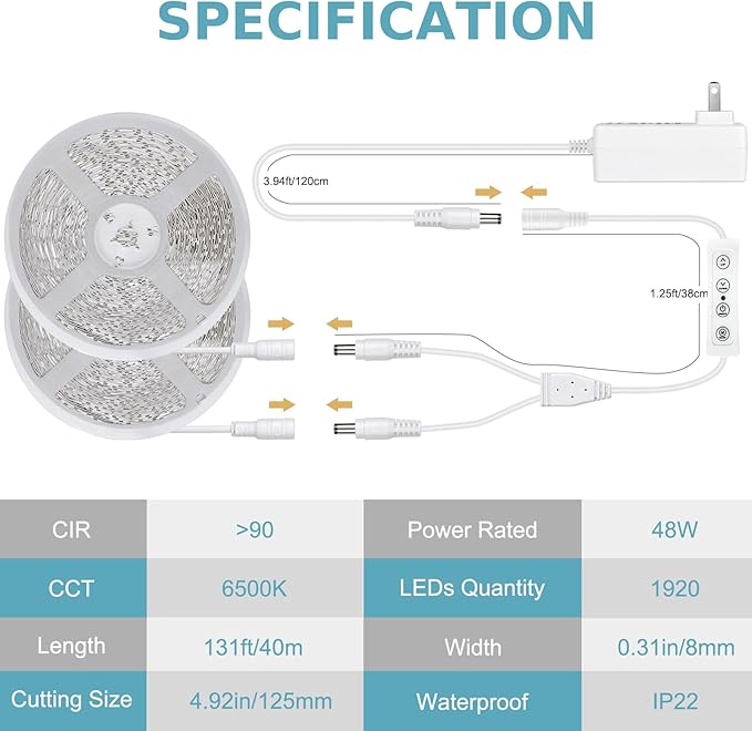 White LED Strip Lights, 131ft Dimmable 24V LED Lights Strip 6500K Bright Daylight White, Flexible Tape Lights for Bedrooms, Kitchen, Cabinet, Christmas Decor, 2 Rolls of 65.6ft