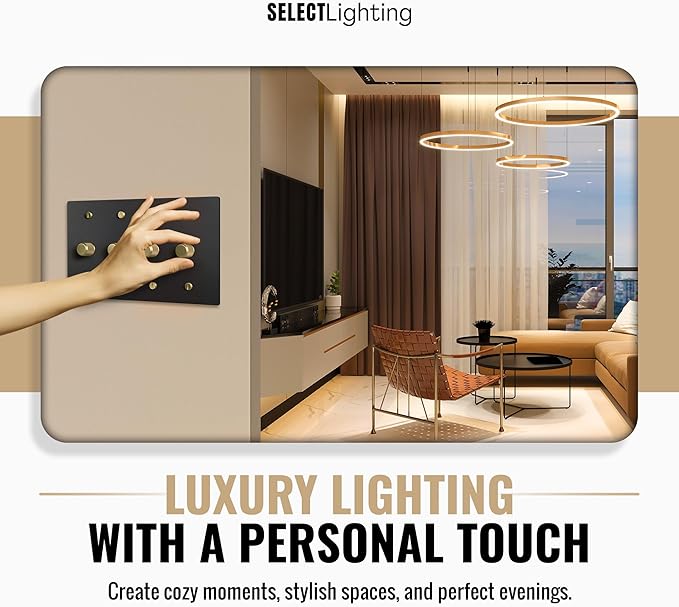 SELECT Black Brass Dimmer Light Switch, 1 Way Rotary Dimmer, 4 Gang TRIAC/Leading Edge Dimmable LED Light Switch, 15A 120V AC with Brass Knob, Faceplate & Dimming Module, UL Listed